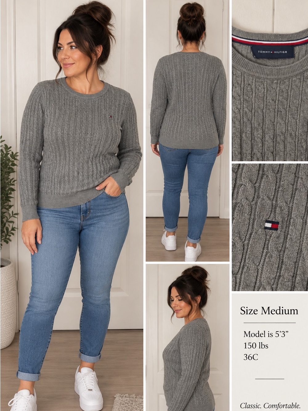 Tommy Hilfiger Gray Cable Knit Crewneck Sweater Women M